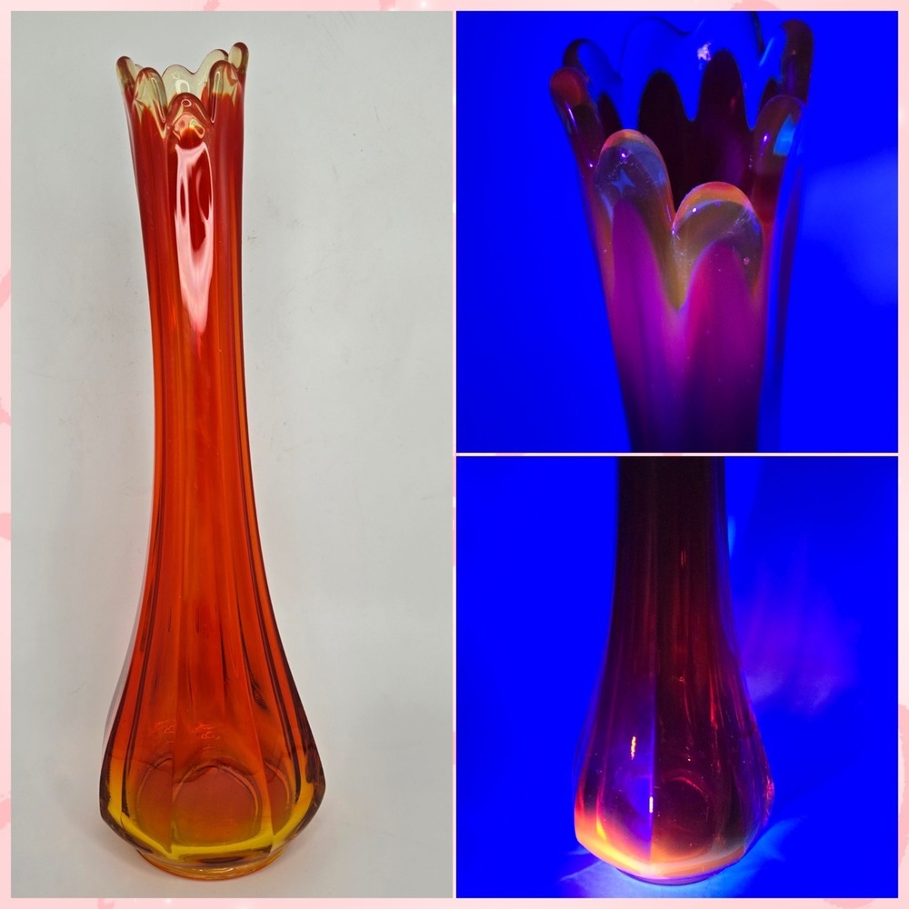 Vtg L.E. Smith 13" Swung Vase Amberina Cadmium‎ UV Glow 8-Finger MCM Glass